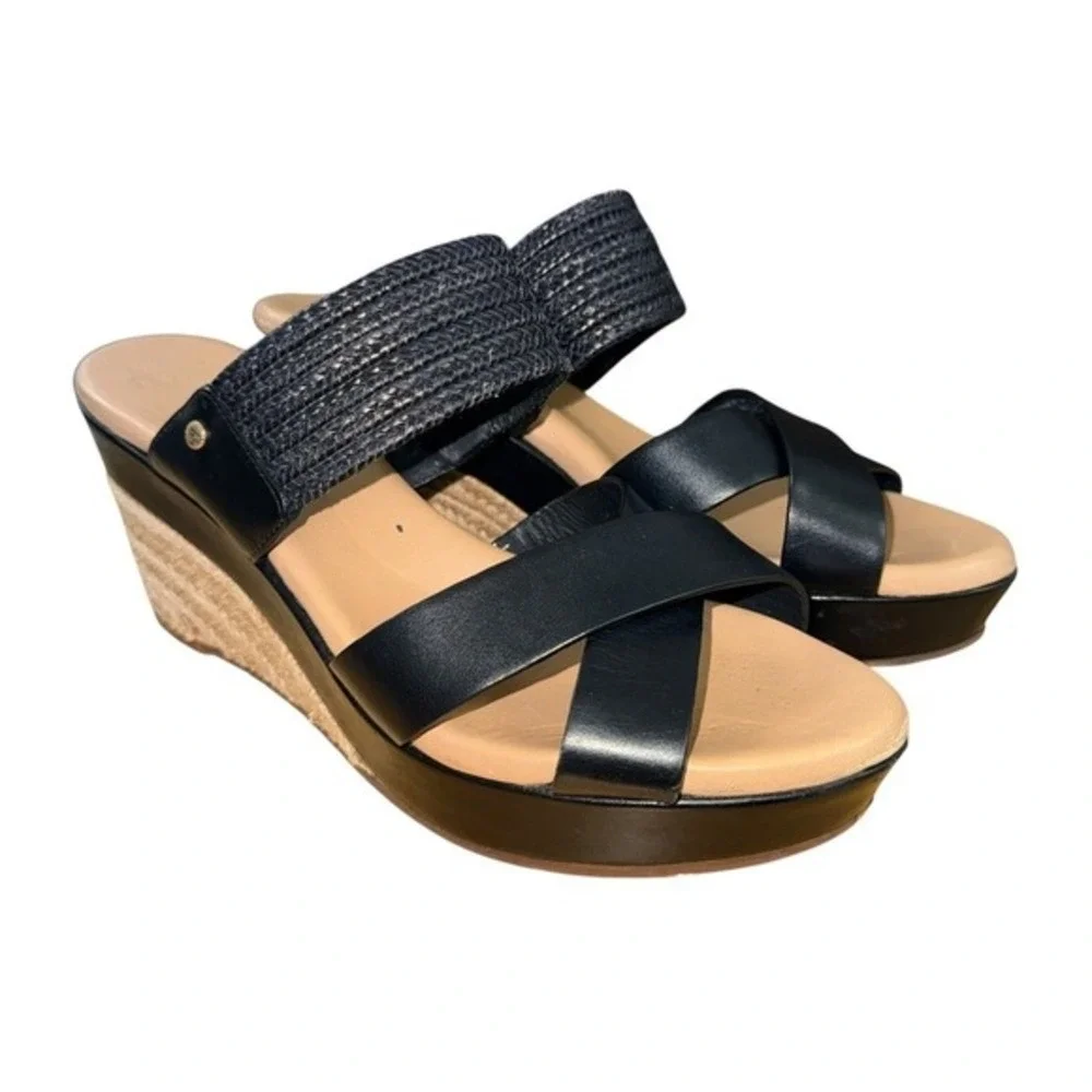 UGG Adriana Wedge Sandals Womens 8.5 Espadrille Slide Black Leather Braided Logo